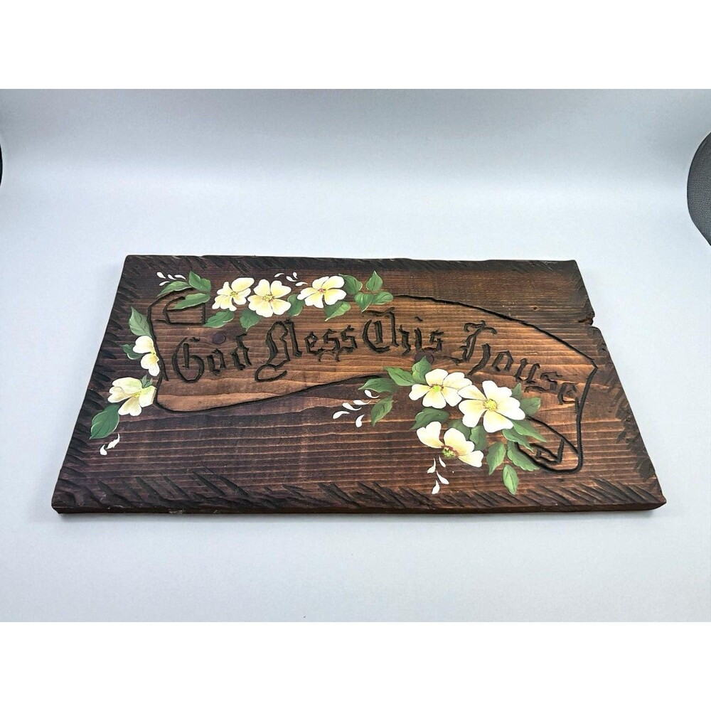Vtg Hand Painted Carved Wood Sign “God Bless This House" Cottage Tole Flowers